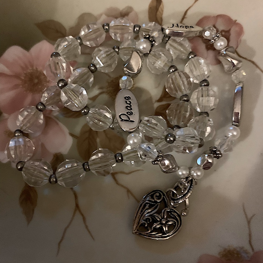3 Clear Beaded Bracelets. 1 Peace Hope and Serenity Clasp and 2 Stretch.
